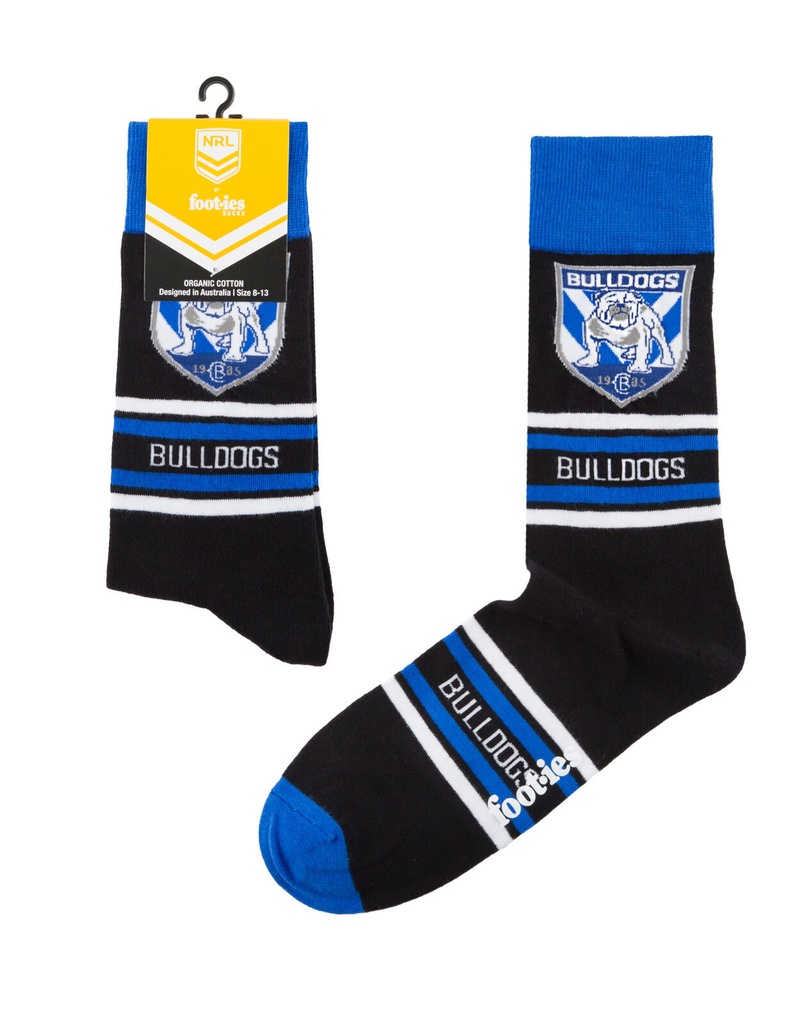 Foot-ies NRL Canterbury Bulldogs Organic Cotton Socks Stripes Black/Blue/White Size 8 to 13