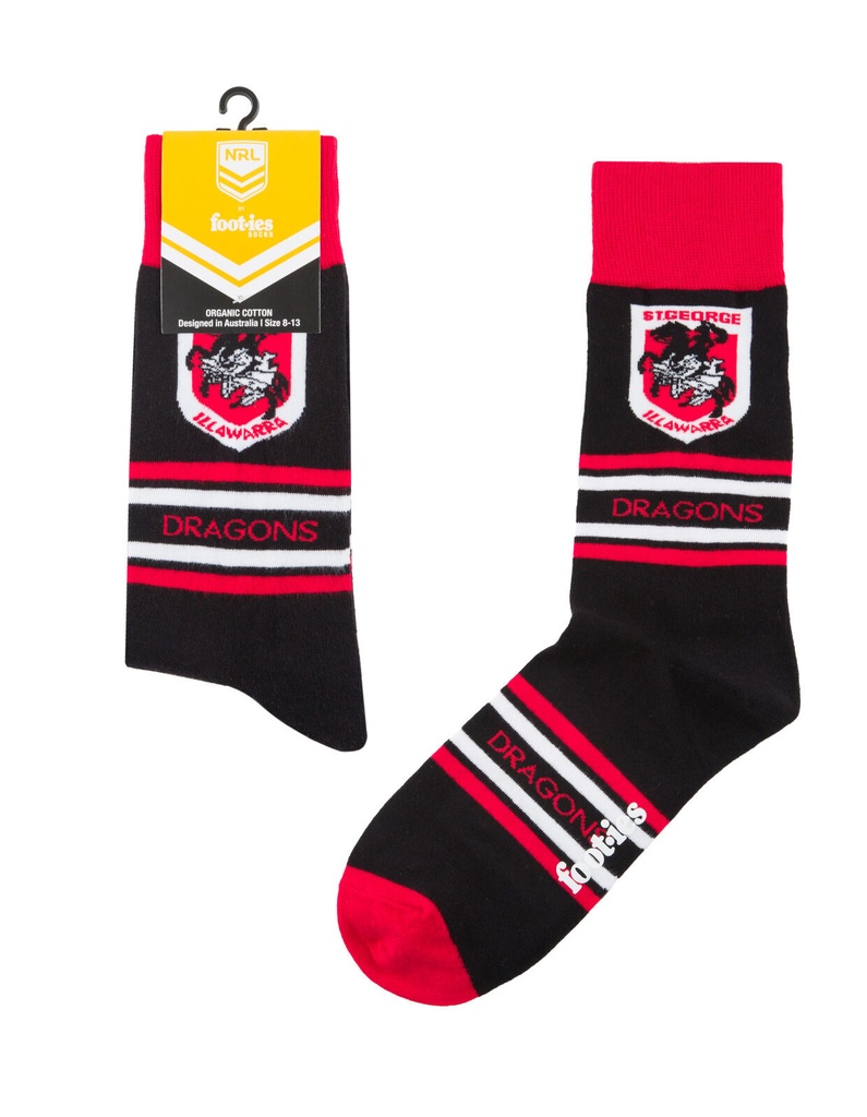 Foot-ies NRL St George Illawarra Organic Cotton Socks Stripes Black/Red/White Size 8 to 13