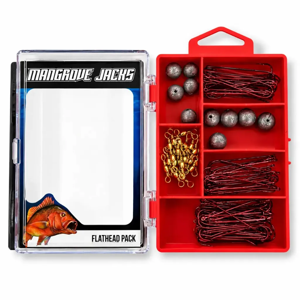 Mangrove Jacks Flathead Fishing Pack | Hooks, Swivels, Sinkers in Compact Tackle Box