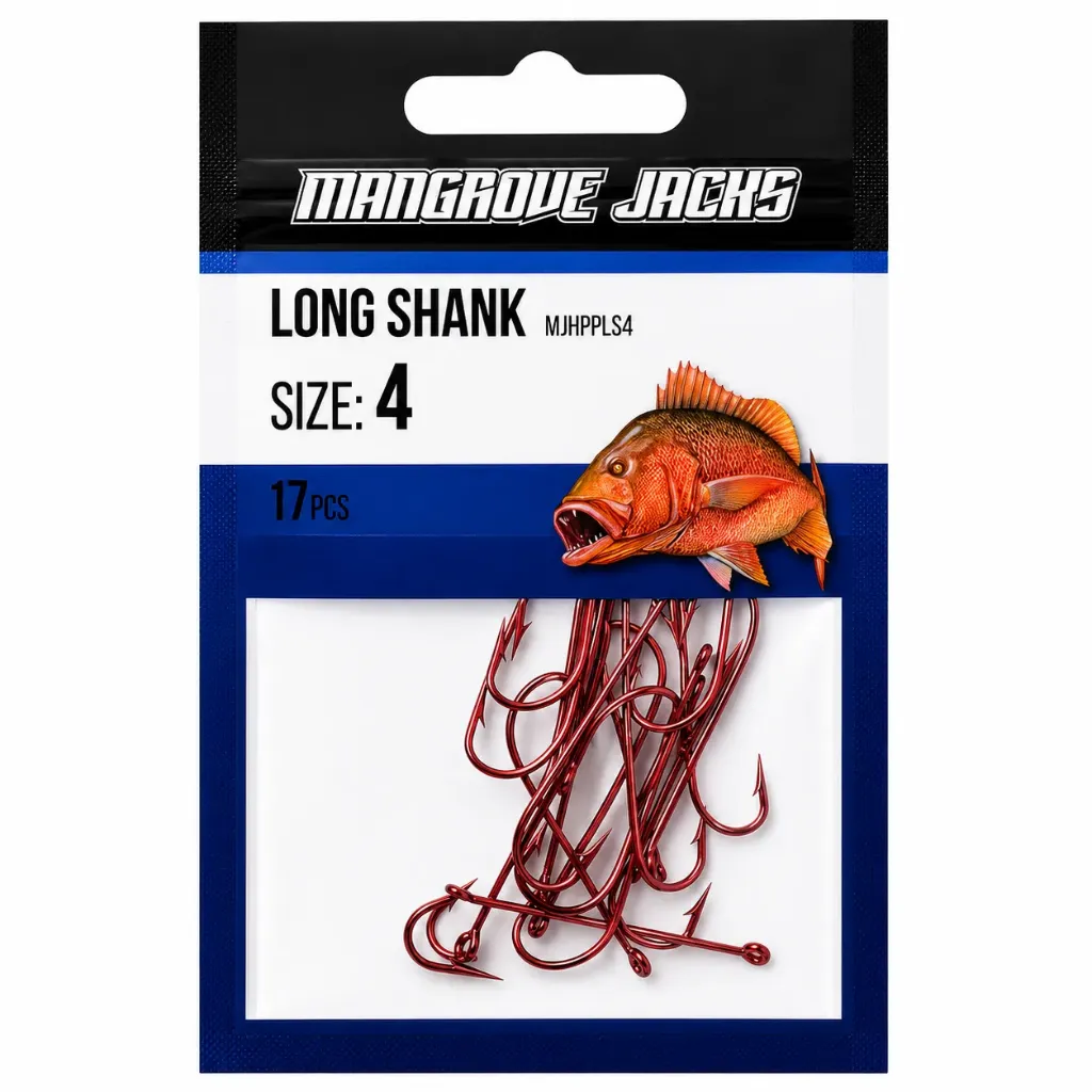 Mangrove Jacks Long Shank Hook Red | Size 4 | 17 Pack