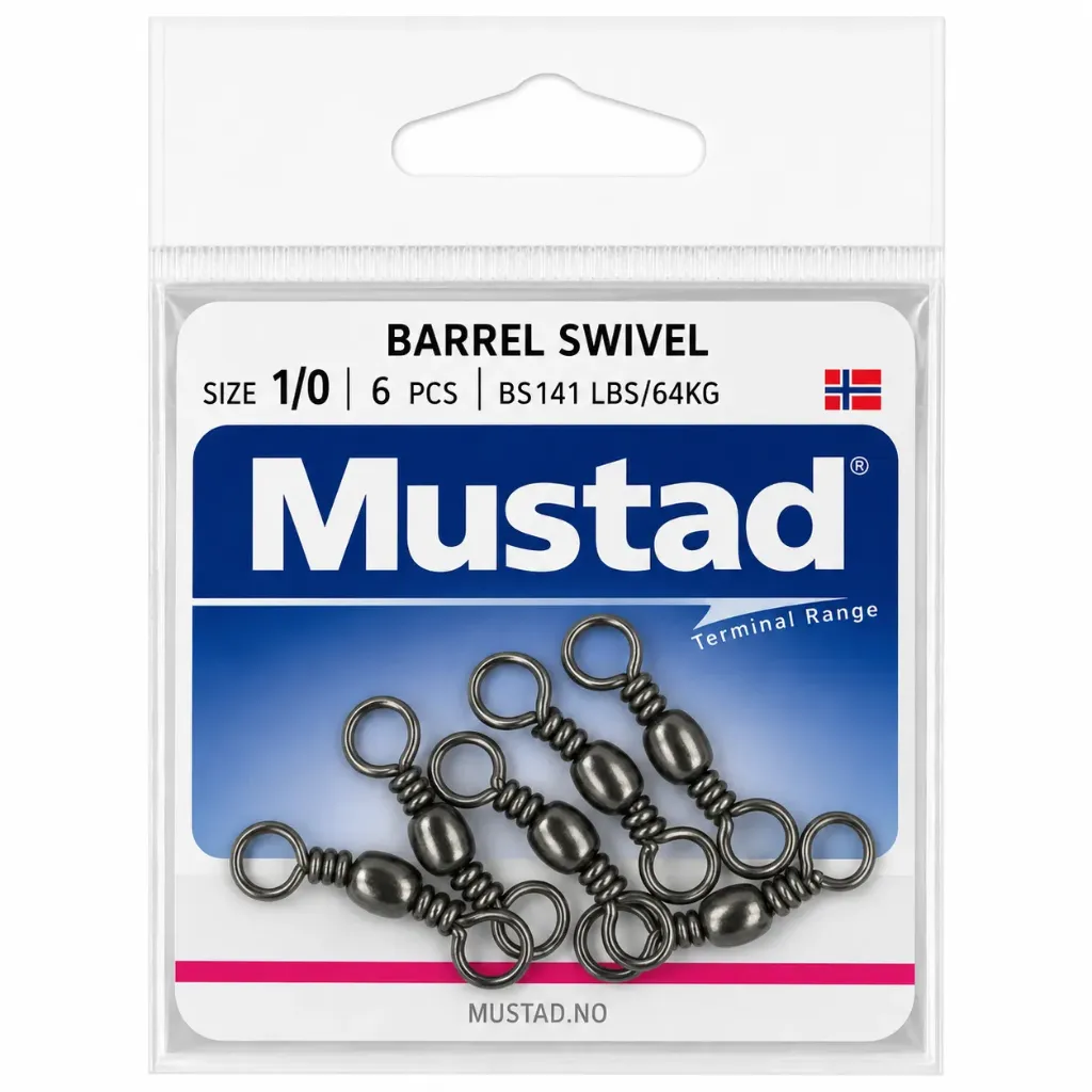 Mustad Barrel Swivel Black | Size 1/0 | 141lb-64kg | 6 Pack