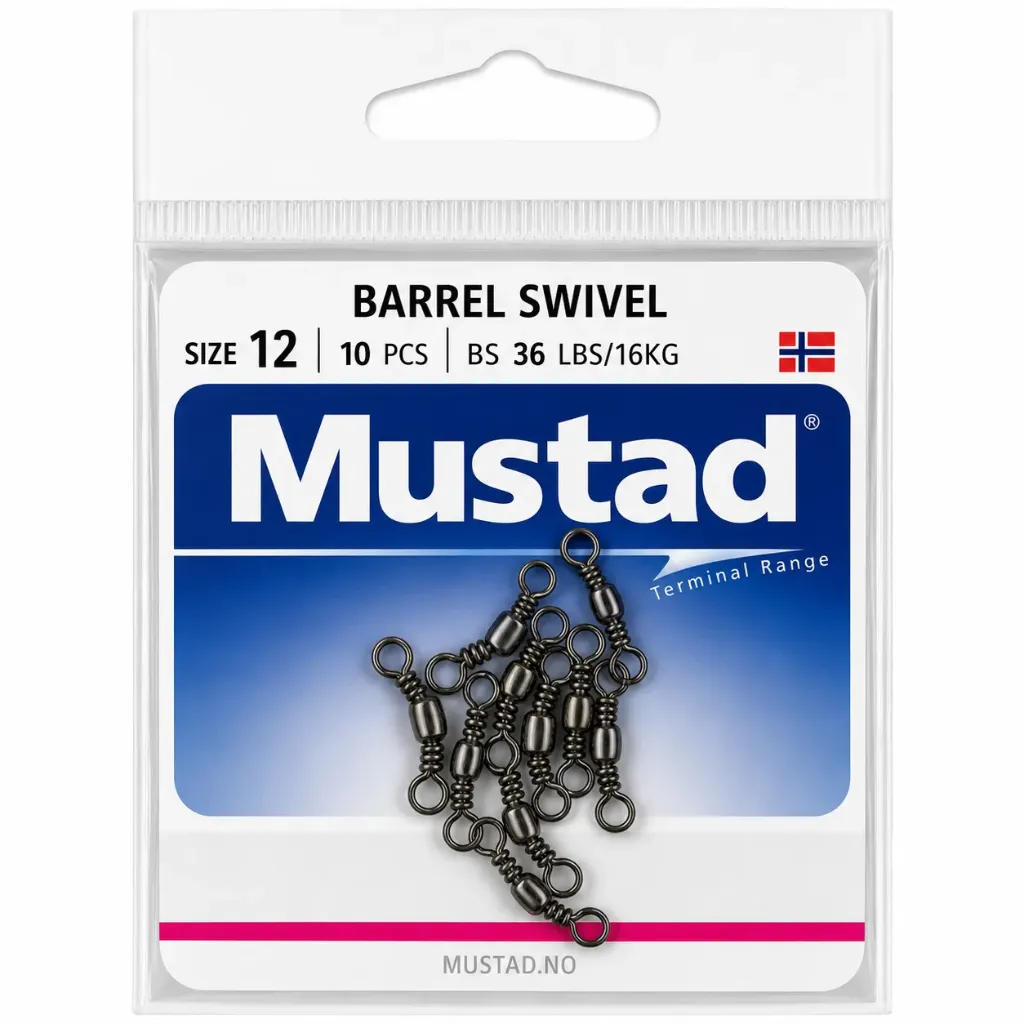 Mustad Barrel Swivel Black | Size 12 | 36lb-16kg | 10 Pack