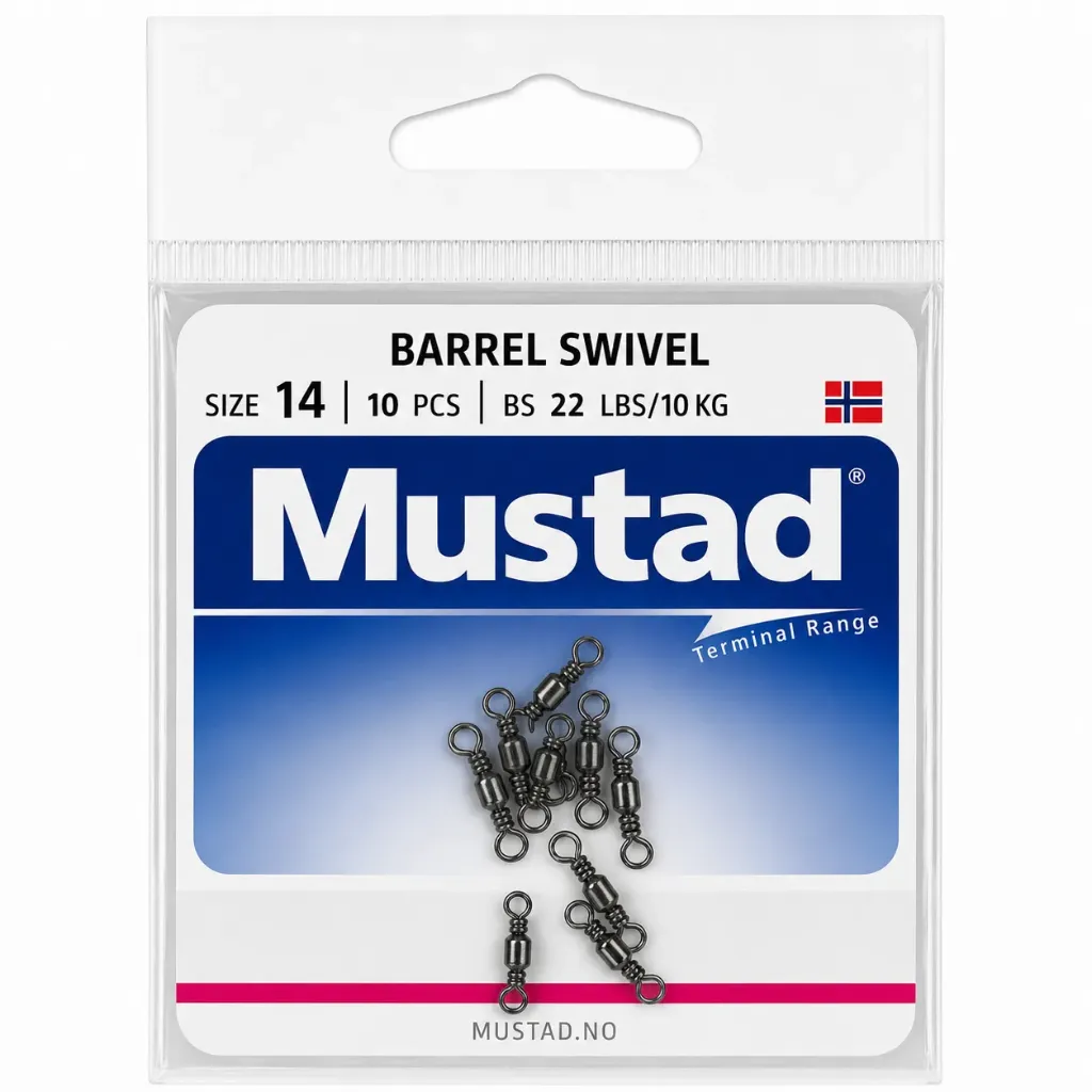 Mustad Barrel Swivel Black | Size 14 | 22lb-10kg | 10 Pack