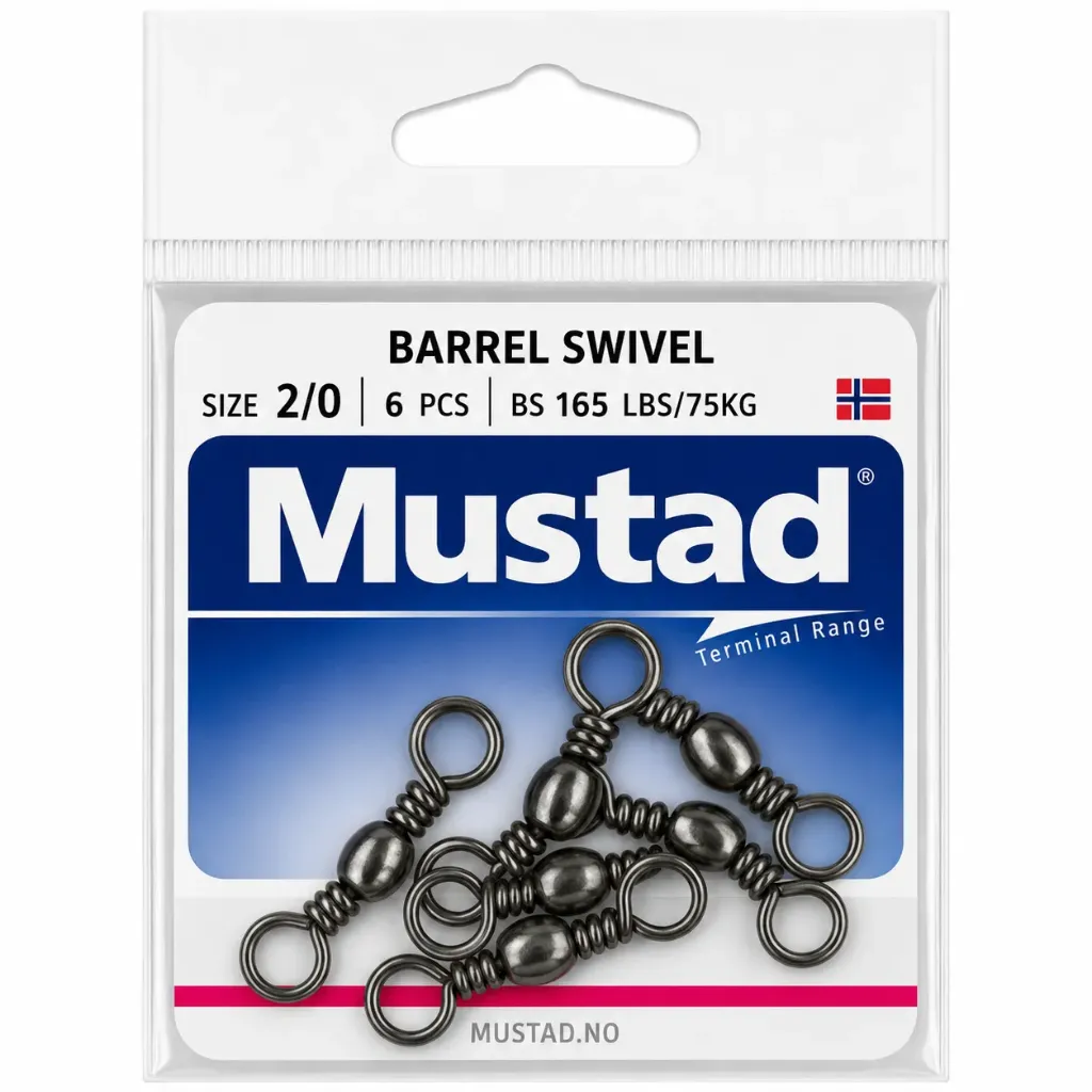 Mustad Barrel Swivel Black | Size 2/0 | 165lb-75kg | 6 Pack