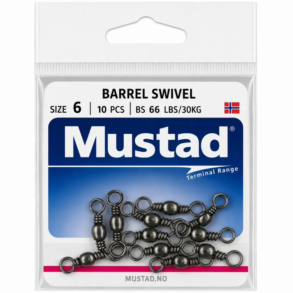 Mustad Barrel Swivel Black | Size 6 | 66lb-30kg | 10 Pack