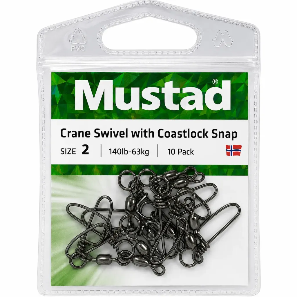Mustad Crane Swivel w Coastlock Snap | Size 2 | 140lb-63kg | 10 Pack