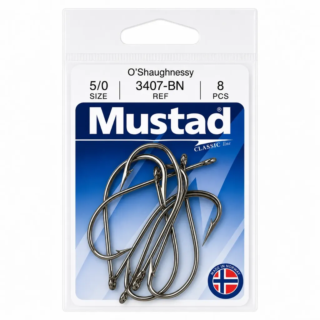 Mustad O'Shaughnessy Live Bait Hook Black | Size 5/0 | 8 Pack