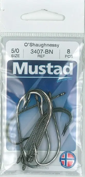 Mustad O'Shaughnessy Live Bait Hook Black | Size 5/0 | 8 Pack