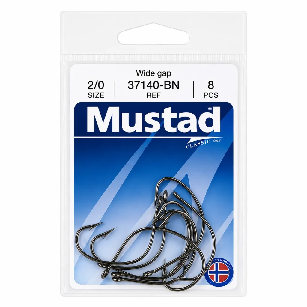 Mustad Wide Gap Hook Black | Size 2/0 | 8 Pack