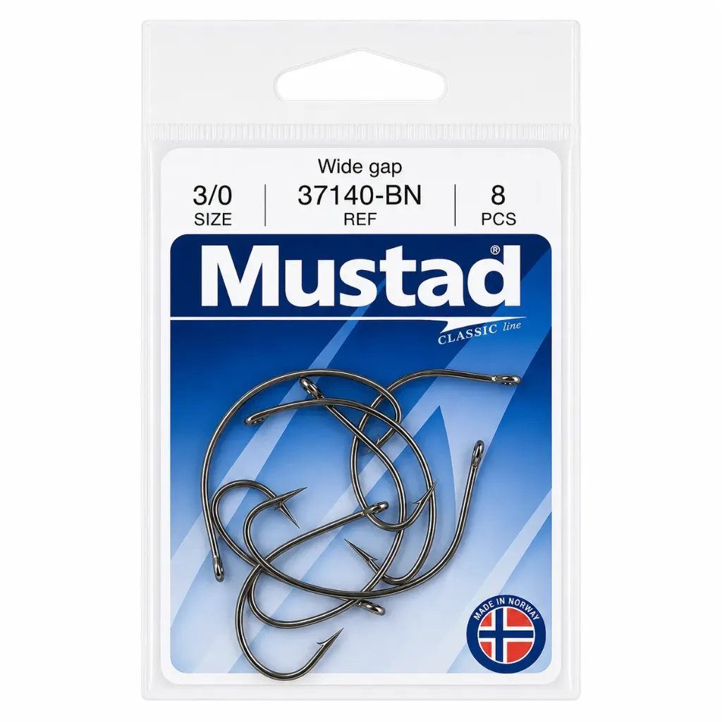 Mustad Wide Gap Hook Black | Size 3/0 | 8 Pack
