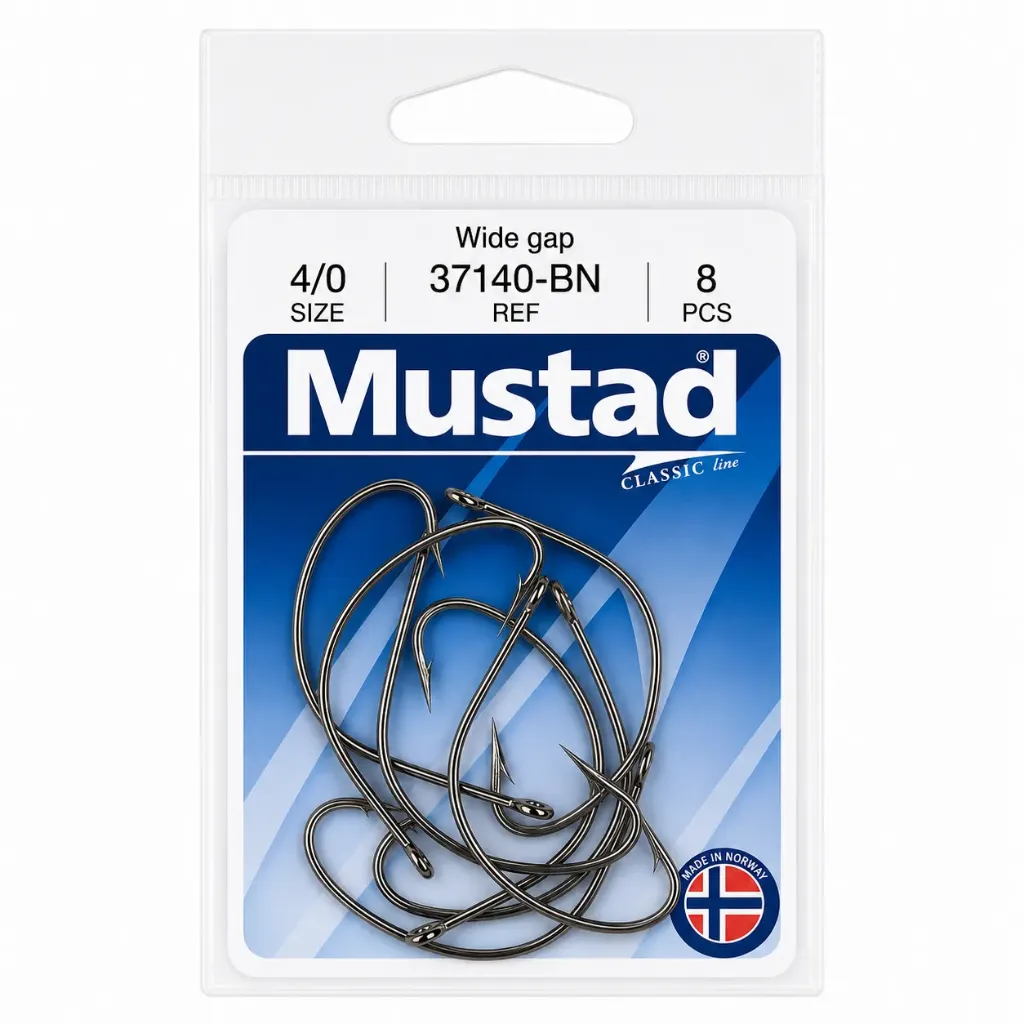 Mustad Wide Gap Hook Black | Size 4/0 | 8 Pack