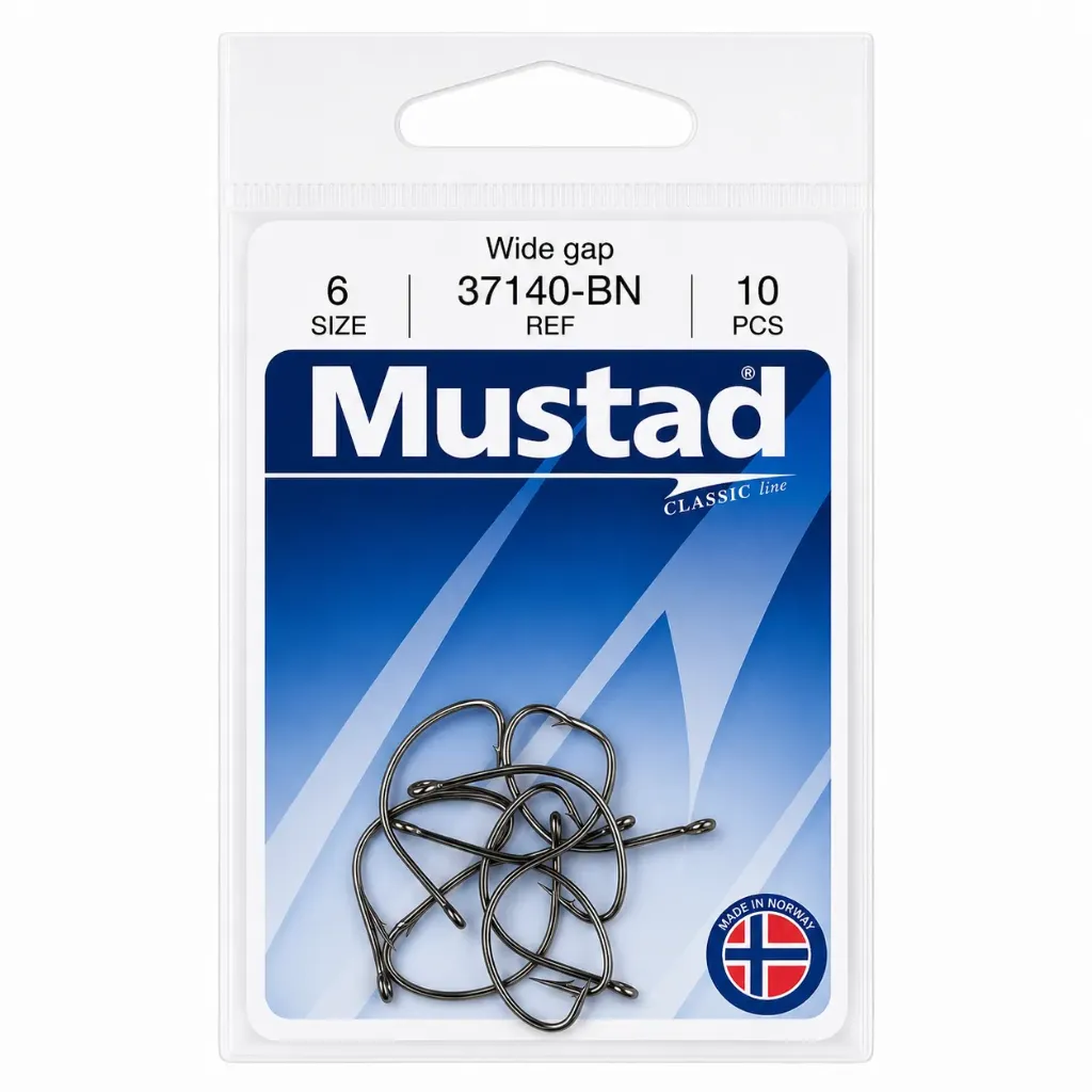 Mustad Wide Gap Hook Black | Size 6 | 10 Pack