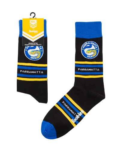 [9358517032221] Foot-ies NRL Parramatta Eels Organic Cotton Socks Stripes Black/Blue/Yellow Size 8 to 13