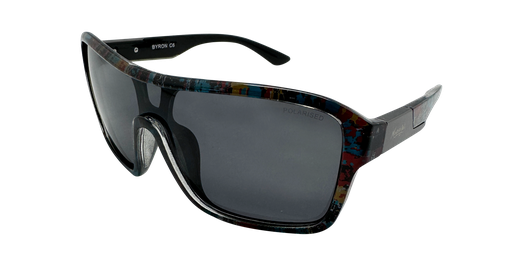 [9337217028574] Mangrove Jacks Byron C6 Crystal Blue Print w Black Back Spray / Smoke Polarised Lenses